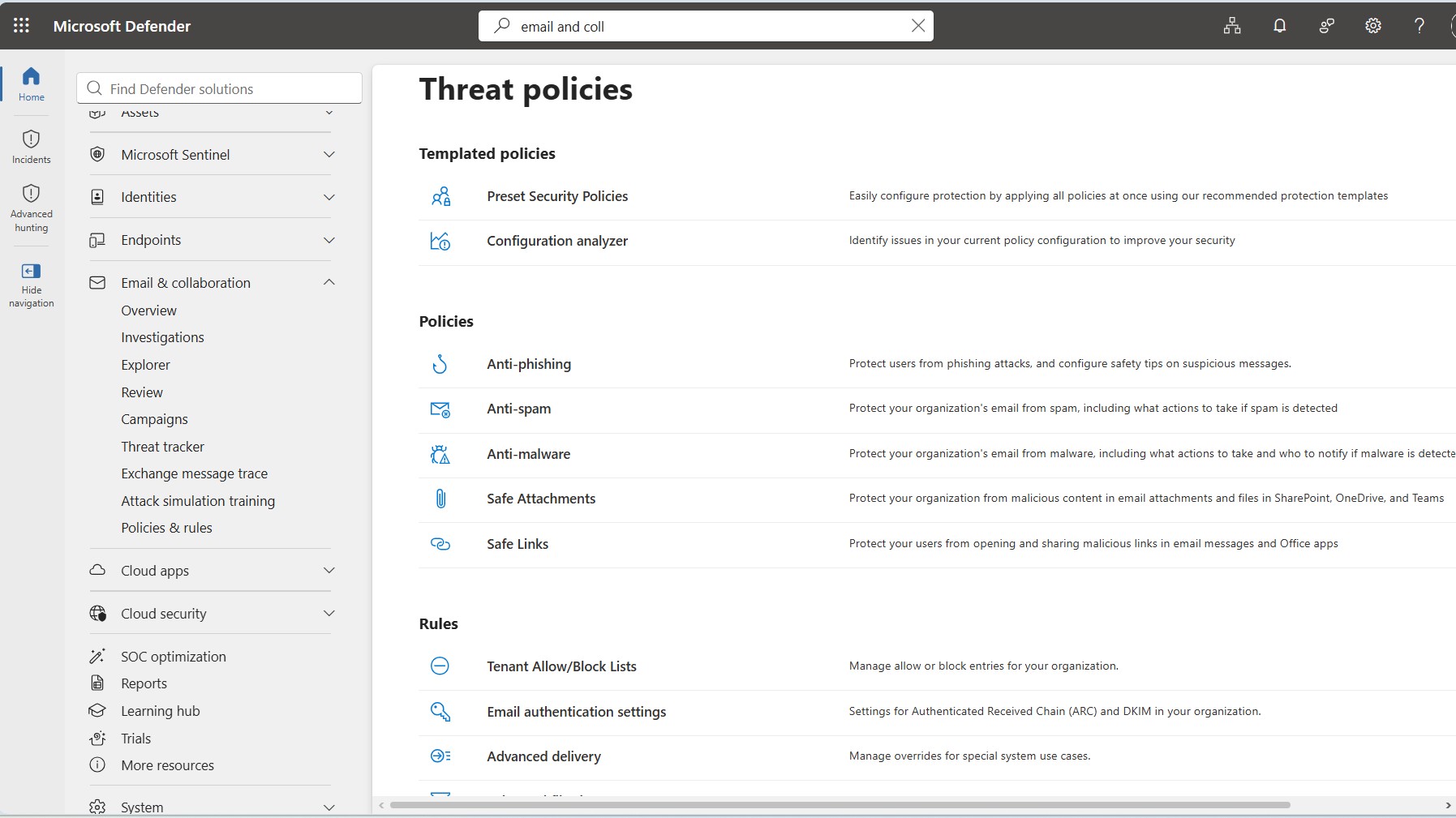 Defender Threat Policies